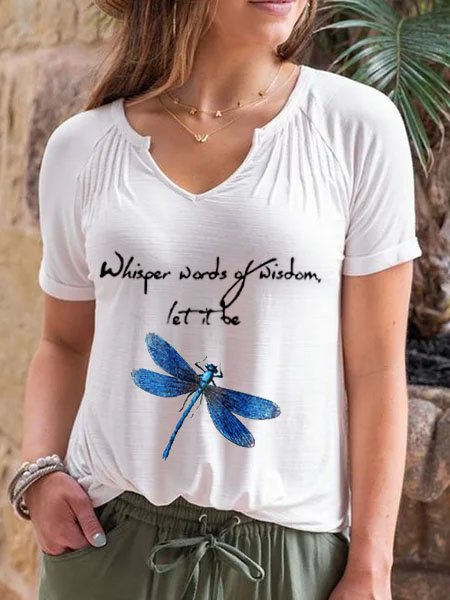 

Dragonfly Letter Casual Regular Fit Cotton blends Shirts & Tops, White, Tops