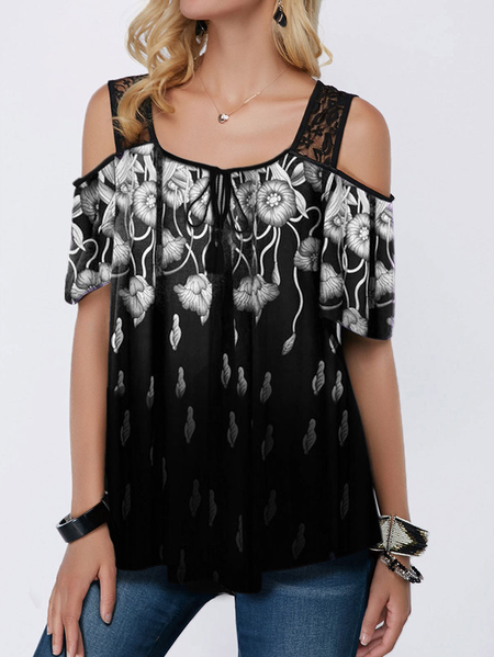 

Floral Lace Casual Tops, Black, Tops