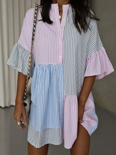 

Vacation Three Quarter Color Block Striped V Neck Dress, As picture, Mini Dresses