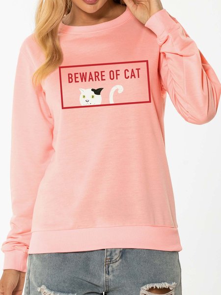 Unocis Mr. White Beware Of Cat Fun Print Round Neck Sweatshirt, Pink, Sweatshirts
