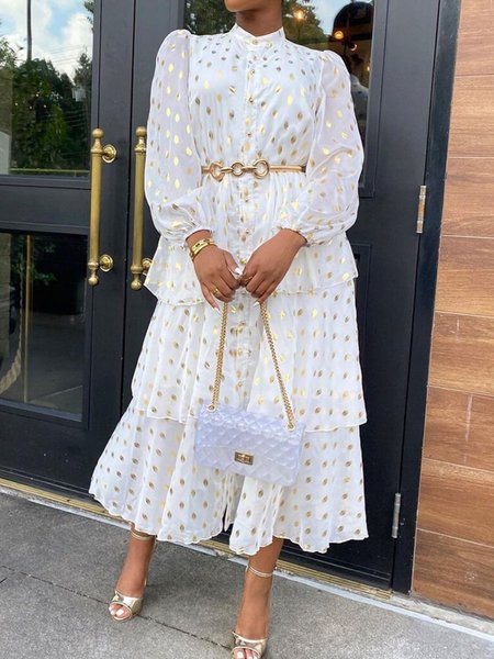 

Polka Dots Regular Fit Stand Collar Midi Dress, White, Midi Dresses