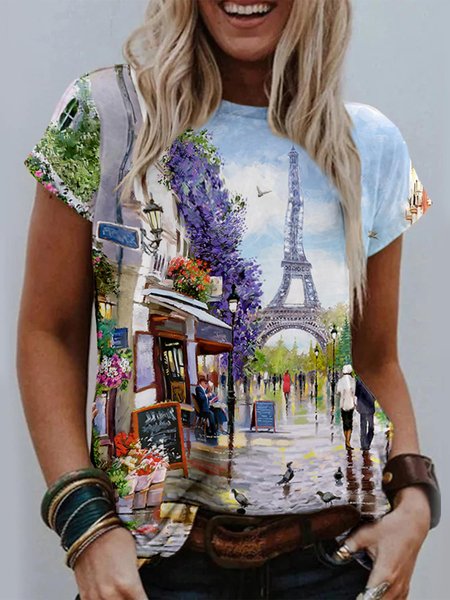 

Vacation Landscape Print Cotton Blends Shirts & Tops, Multicolor, Tops