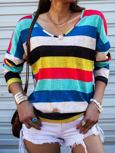 

Casual Striped Crew Neck Long Sleeve Shirts & Tops, Multicolor, T-Shirts