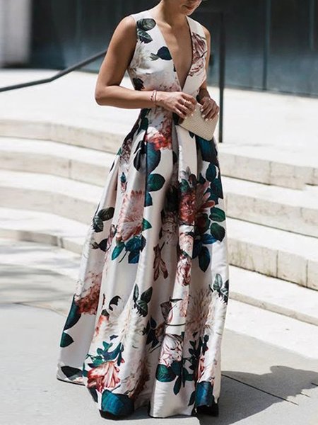 

Floral Sleeveless Regular Fit Maxi Dress, White, Maxi Dresses
