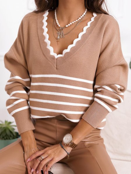 

Striped Long Sleeves V Neck Plus Size Casual Women Sweaters, Khaki, Knitwear & Sweaters