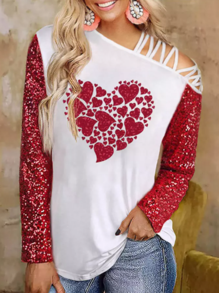 

Valentine Sequined Love Heart Criss-Cross Blouse - White Sexy One Shoulder Shirts & Tops, Tops