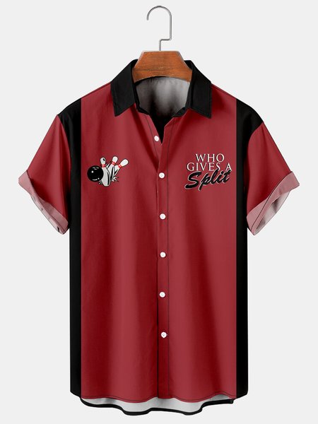 

Holiday Leisure Retro Bowling Element Alphabet Pattern Hawaiian Style Printed Shirt Top, Red, Men's Floral shirt
