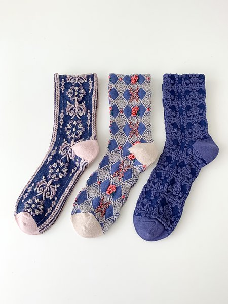 

3 Pairs Of Forest Style Palace Style Embroidered Women's Socks, As picture, Socks
