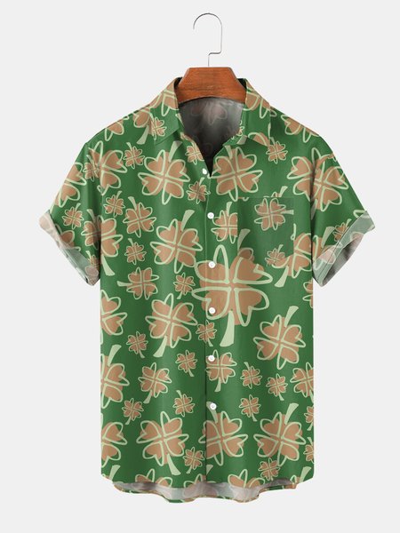 

Retro Clover Short Sleeved Casual Men's Shirt, Green, Men's Floral shirt
