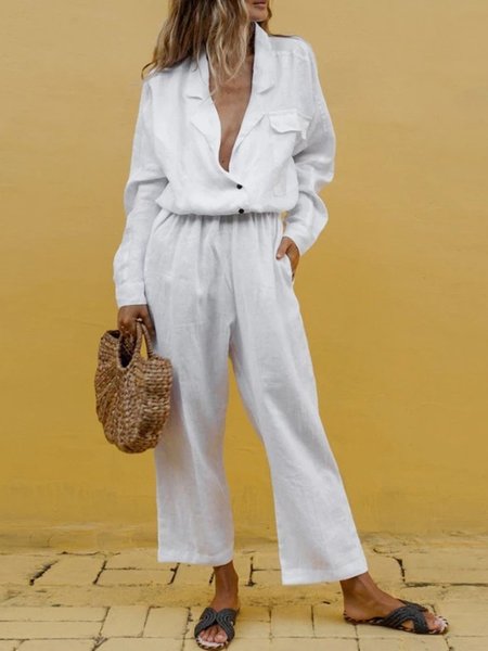 

Plain Long Sleeves Lapel Plus Size Casual Jumpsuits, White, Jumpsuits