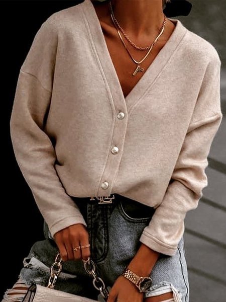 

Plain Long Sleeves V Neck Buttoned Plus Size Casual Tops, Khaki, Tops