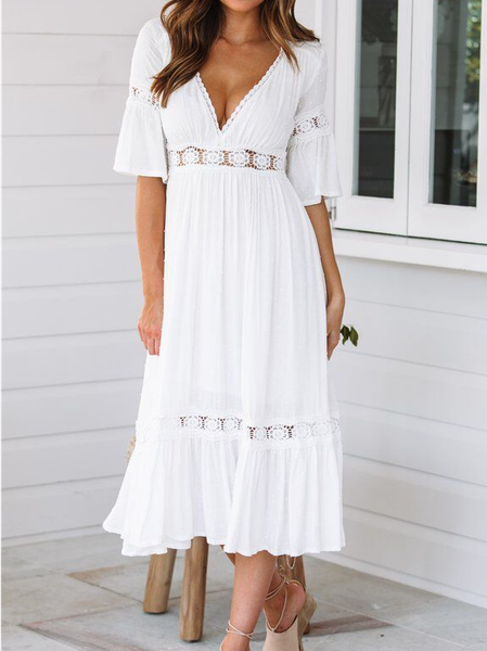 

Loosen V Neck Plain Short sleeve Woven Dress, White, Midi Dresses