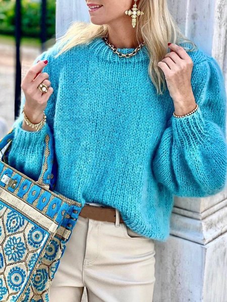 

Plain Long Sleeve Casual Round Neck Sweater, Blue, Knitwear & Sweaters