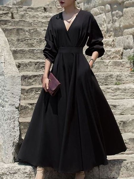 

V Neck Elegant Solid Three Quarter Black Dress, Maxi Dresses
