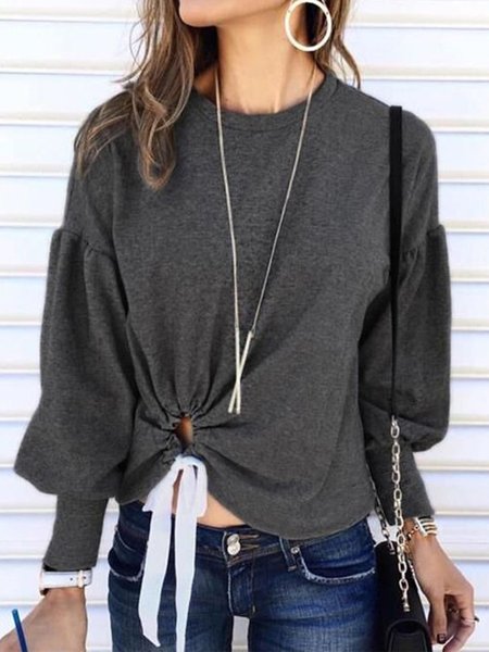 

Casual Solid Crew Neck Long Sleeve Shirts & Tops, Deep gray, Tops