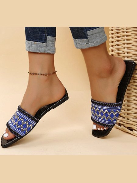 

Bohemian Ethnic Style Jacquard Weave Pattern Square Toe Slippers, Blue, Sandals & Slippers