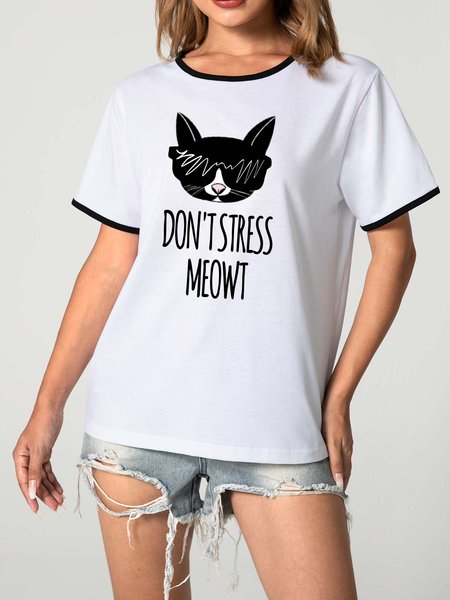 

Unocis Mr. Black Don't Stress Meowt Funny Round Neck Short Sleeve Ringer Tee, T-shirts
