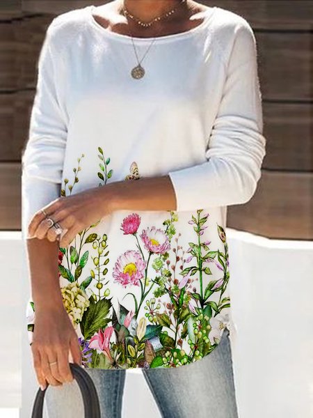 

Floral Printed Casual Long Sleeve Loosen Shirts & Tops, White, Tops