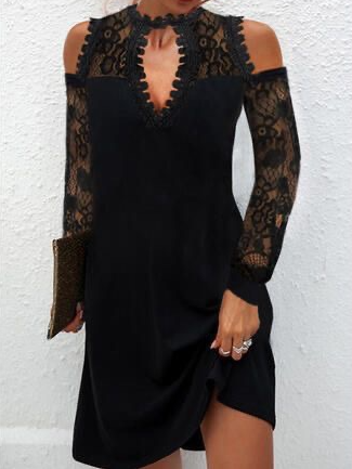 

Plain Lace Notched Regular Fit Cotton Blends Casual Party Dresses, Black, Mini Dresses
