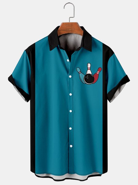 

Holiday Leisure Retro Bowling Element Alphabet Pattern Hawaiian Style Printed Shirt Top, Blue, Shirts ＆ Blouse