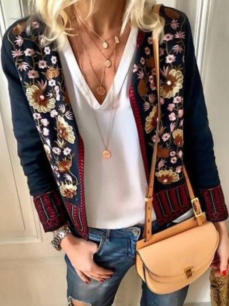 

Vintage Casual Long sleeve Floral Outerwear, Deep blue, Coats & Jackets