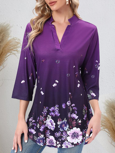 

Purple gradient floral pattern A-line holiday top V Neck Floral Shirts & Tops, Tops