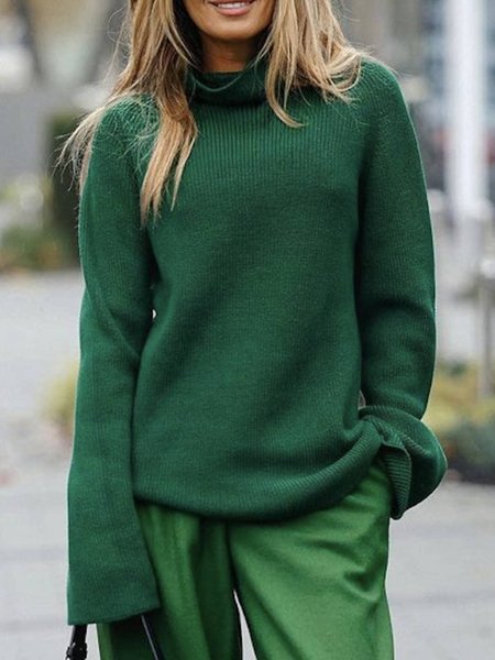 

Casual Long Sleeve Plain Round Neck Sweater, Green, Knitwear & Sweaters