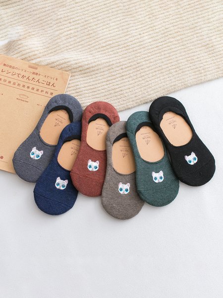 

6 Pairs Of Socks Embroidered Cat Socks, As picture, Socks