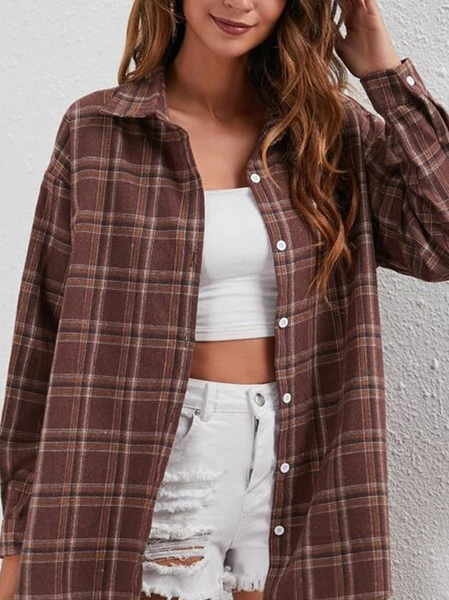 

Checked/Plaid Casual Shirt Collar Outerwear, Wine red, Coats