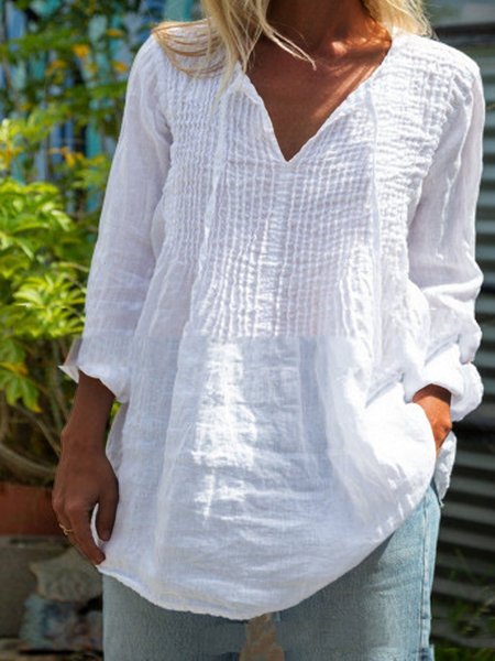 

Casual Solid V Neck Blouse, White, Blouses & Shirts