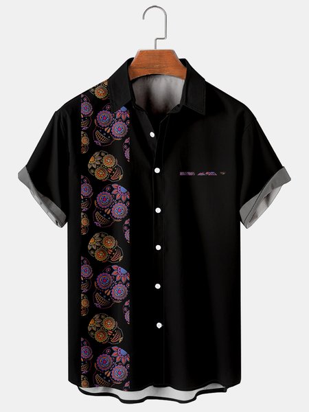 

Holiday Casual Vintage Floral And Skull Pattern Hawaiian Style Printed Shirt Top, Black, Men's Floral shirt