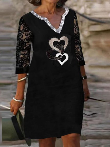 

Valentine's Day Elegant Regular Fit V Neck Half Sleeve Dresses, Black, Casual Dresses