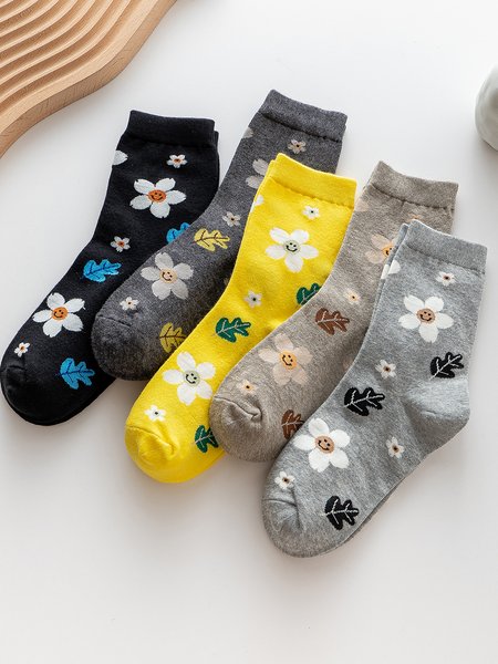 

5 Pairs Set Plant Flower Sunflower Socks, As picture, Socks