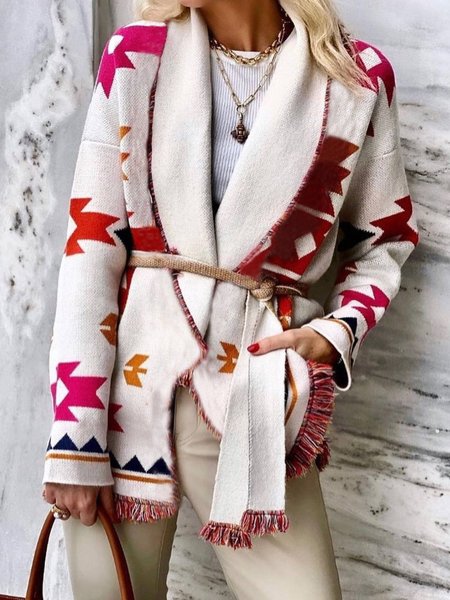 

Long Sleeve V Neck Tribal Loosen Outerwear with Belt, Beige, Outerwear