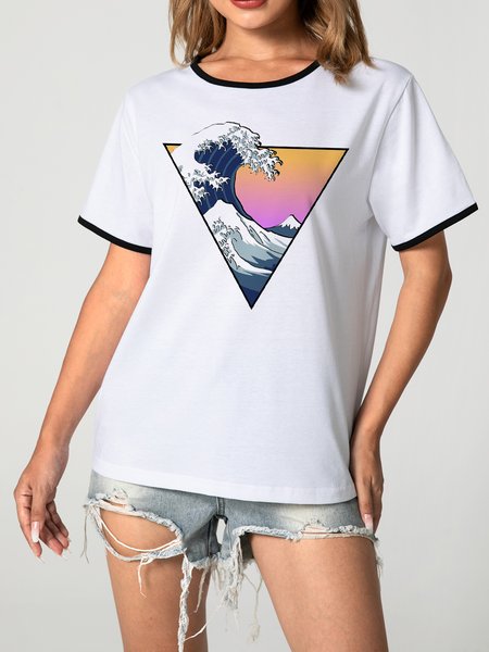 

Unocis Abstract Waves Print Round Neck Short Sleeve Ringer Tee, Black, T-shirts