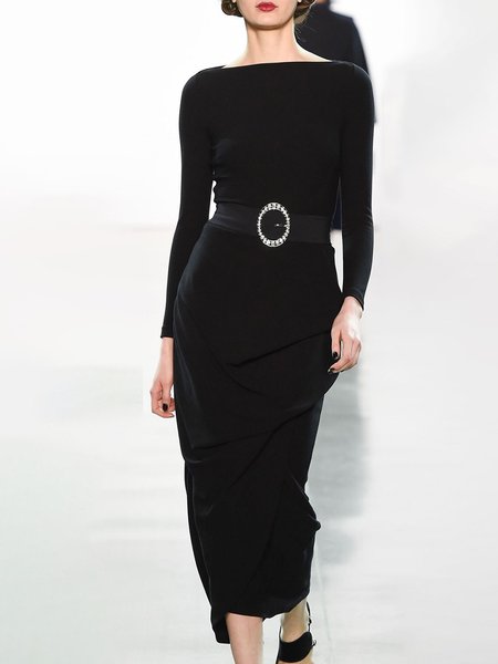 

Plain Boat Neck Elegant Regular Fit Dress, Black, Midi Dresses