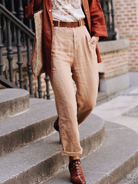 

Loosen Casual Plain Pants With Pockets, Khaki, Pants