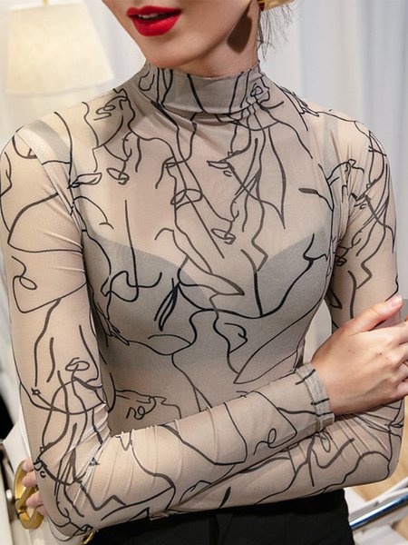 

Daily Long Sleeve Stand Collar Abstract Top, Khaki, Tees