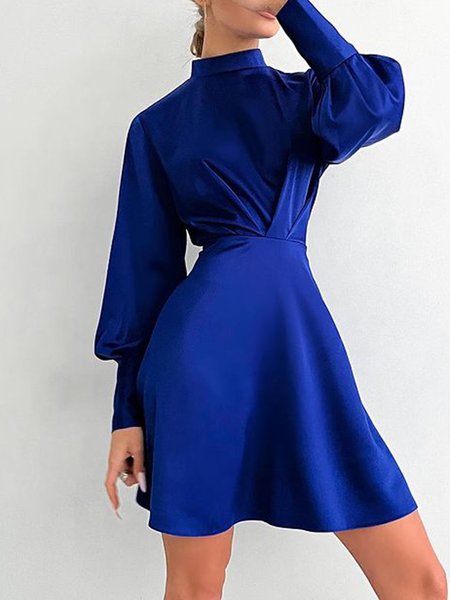 

Elegant Solid Regular Fit Stand Collar Dress, Blue, Mini Dresses