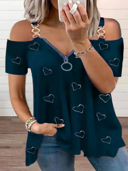 

LOVE Cotton Blends V Neck Party Zipper Shirts & Tops, Navyblue, Tops