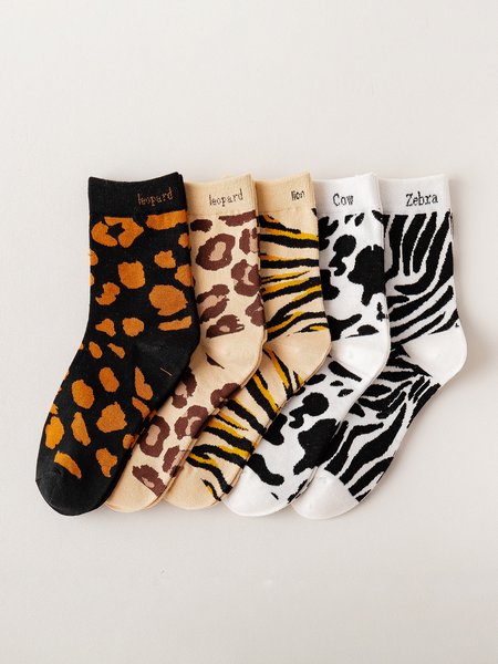 

5 Pairs Set Animal Print Leopard Print Socks, As picture, Socks