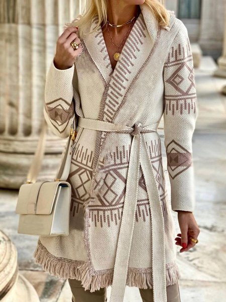 

Casual Long Sleeve Tribal V Neck Sweater coat, Beige, Outerwear