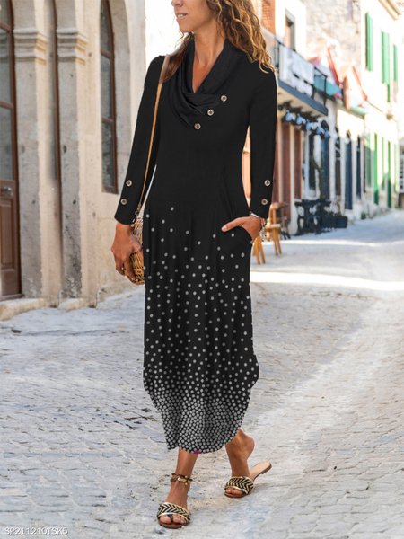 

Polka Dot Print Button V-neck Maxi Dress, Black, Casual Dresses