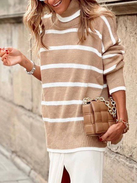 

Long Sleeve Casual High Neck Striped Sweater, Khaki, Knitwear & Sweaters