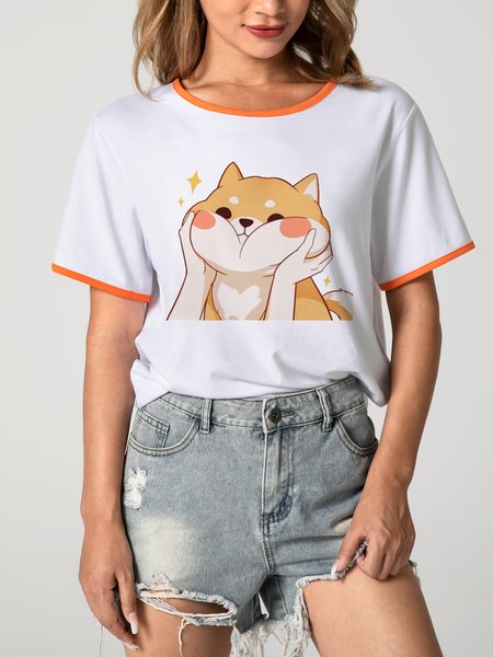 Unocis Dog Print Round Neck Short Sleeve Ringer Tee, Orange, T-shirts