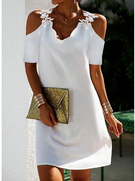 

Solid V Neck Party Off The Shoulder Dresses, White, Mini Dresses