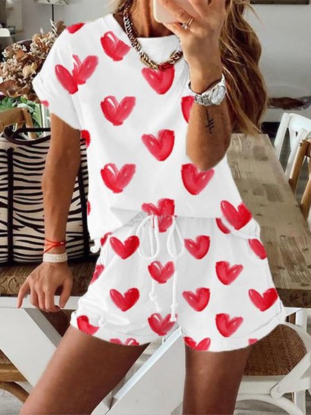 

Valentine's Day casual T-shirt and shorts two-piece suit, Red, Suit Set