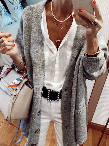 

Knitting Pockets Buttoned Casual Loosen Long Sleeve Cardigan Sweater, Gray, Knitwear & Sweaters
