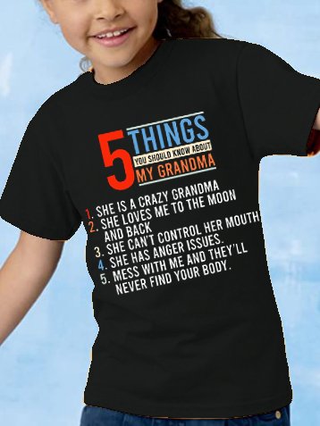 

5 Things About My Grandma Print children’s Shirts & Tops, Black, Kids