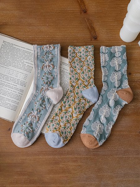 

3 Pairs Of Forest Style Palace Style Embroidered Women's Socks, As picture, Socks